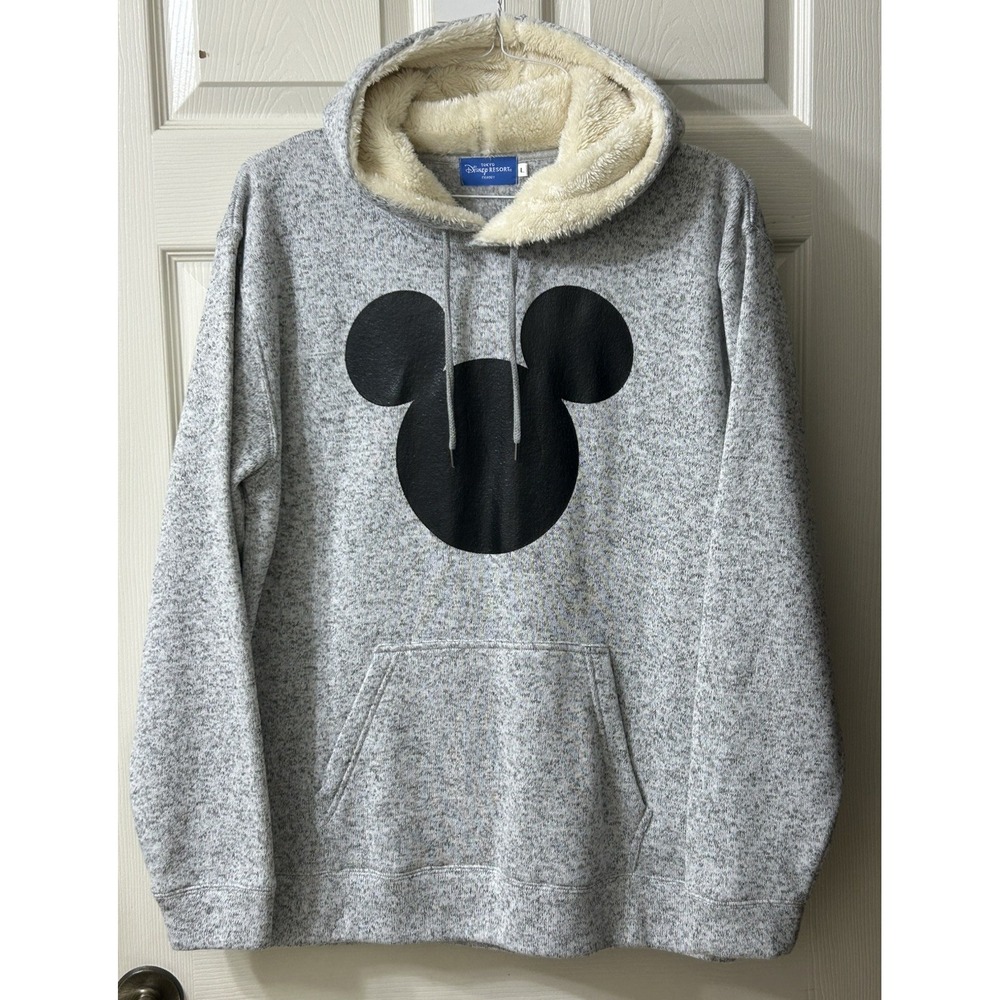 Disney Resort Tokyo Hooded Drawstring Gray Knit Sweatshirt Mickey Mouse **EUC**
